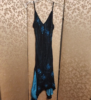 SCALA черный синий зеленый цветочный бисером блестки асимметричный платье размер XS - Изображение 1 из 4