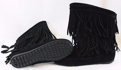 Womens Minnetonka Ann Angled Fringe Ankle Boots Black Suede Moccasins Shoes - Image 1 of 2