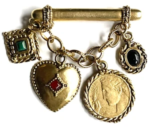 LAZULI VINTAGE 1913 ITALIAN GOLD TONE COIN WITH RED, GREEN & ONYX STONES BROACH - Picture 1 of 7