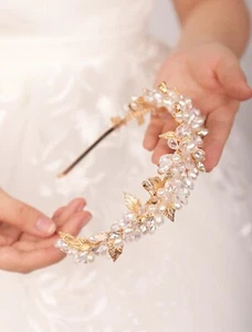 Crystal Headband Gold beads Tiara Rhinestone Bridal Hairpiece Hair Accessories - Picture 1 of 6