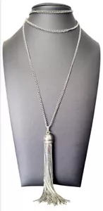 Charming Charlie Long Silvertone Necklace Metal Tassel - Picture 1 of 7