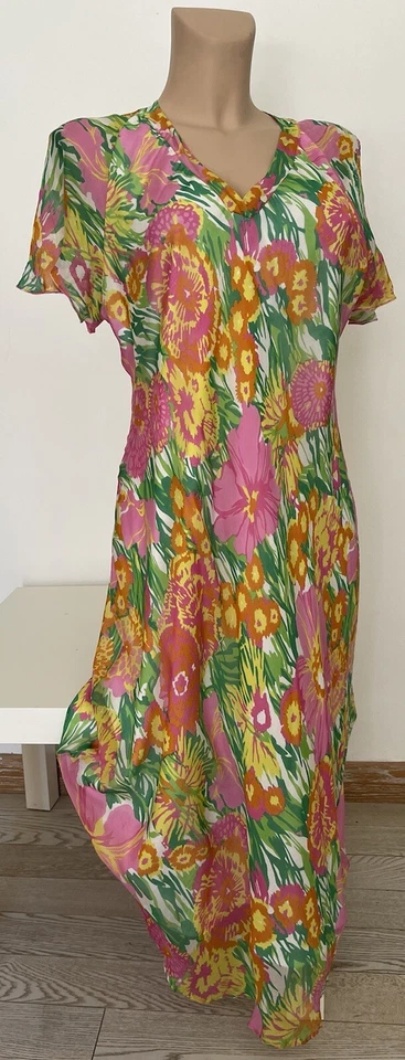 Maxi Vestido Largo MARINA RINALDI IT46-L Rosa Naranja Verde Floral 100% Seda 🌸 Mujer Foto 1 de 4