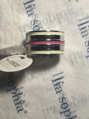 Brand New Lia Sophia Fast Track Pink & White Stripe Ring Sz: 7 Rhodium Plated - Image 1 of 4