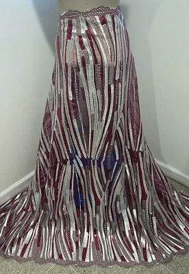 Silver Fuchsia Sequins Rhinestones Embroidery Lace Fabric 50” Width 1 Yard - Image 1 of 4