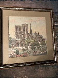 Atq Vtg Notre Dame Cathedral Cross Stitch on Linen  Deep Wood Frame Rare Unusual - Picture 1 of 7