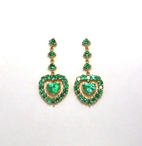 Colombian Emerald Heart shape Dangle Earrings 4.96 Cts 18K Y Gold Fine Muzo Mine - Picture 1 of 12