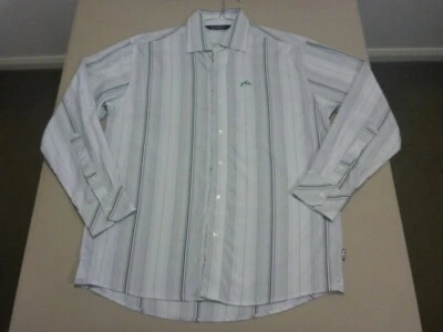 031 MENS EX-COND RUSTY WHITE / BLACK / GREEN STRIPED L/S SHIRT SZE LRG $80 RRP. - Image 1 of 4