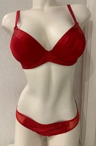 Millesia UK 36C Wired Plunge Padded Push Up Silk Bra & Size 2 (Medium) Brief Red - Picture 1 of 11