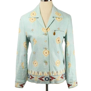 DONCASTER Blue Tribal Southwest Linen 3 Button Blazer Jacket Women's Size 6 - Picture 1 of 6