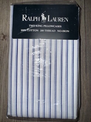 Ralph Lauren Pillowcase Set Of 2 King Size Vintage 90’s Striped White & Blue NEW - Image 1 of 4