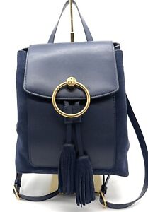 Tory Burch Farrah Backpack Royal Navy Blue Suede Leather Tassel Gold Hardware