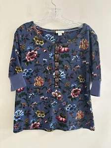 Sundance Top Damen blau Blumen Henley bestickt zierlich kleine 3/4 Ärmel - Bild 1 von 10