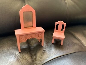 Strombecker Dollhouse Furniture 1930s Pink Bedroom Vanity & Chair 1:16 - Picture 1 of 8