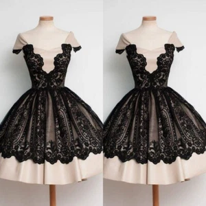 Evening Dresses Short Black Lace Vintage Pink Satin A Line Above Knee Prom Dress - Picture 1 of 8