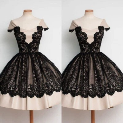 Evening Dresses Short Black Lace Vintage Pink Satin A Line Above Knee Prom Dress - Image 1 of 4