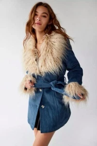 Urban Outfitters Afghan Coat Tasha Blue Corduroy Jacket Fur Penny Lane M 12 14 - Picture 1 of 18