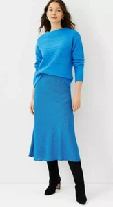 NWOT Ann Taylor Womens Blue Chain Print Midi Slip Skirt Pull On Elastic Waist L - Picture 1 of 12