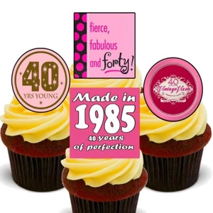 40th Birthday Girl Edible Cupcake Toppers Standup Female Cake Decorations 1984 - Picture 1 of 7