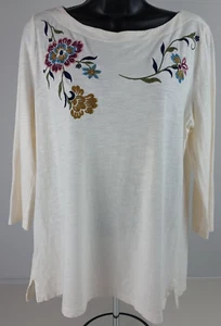 Loft Outlet Women's Size L Ivory Floral Embroidery 3/4 Sleeve T-Shirt - Picture 1 of 7