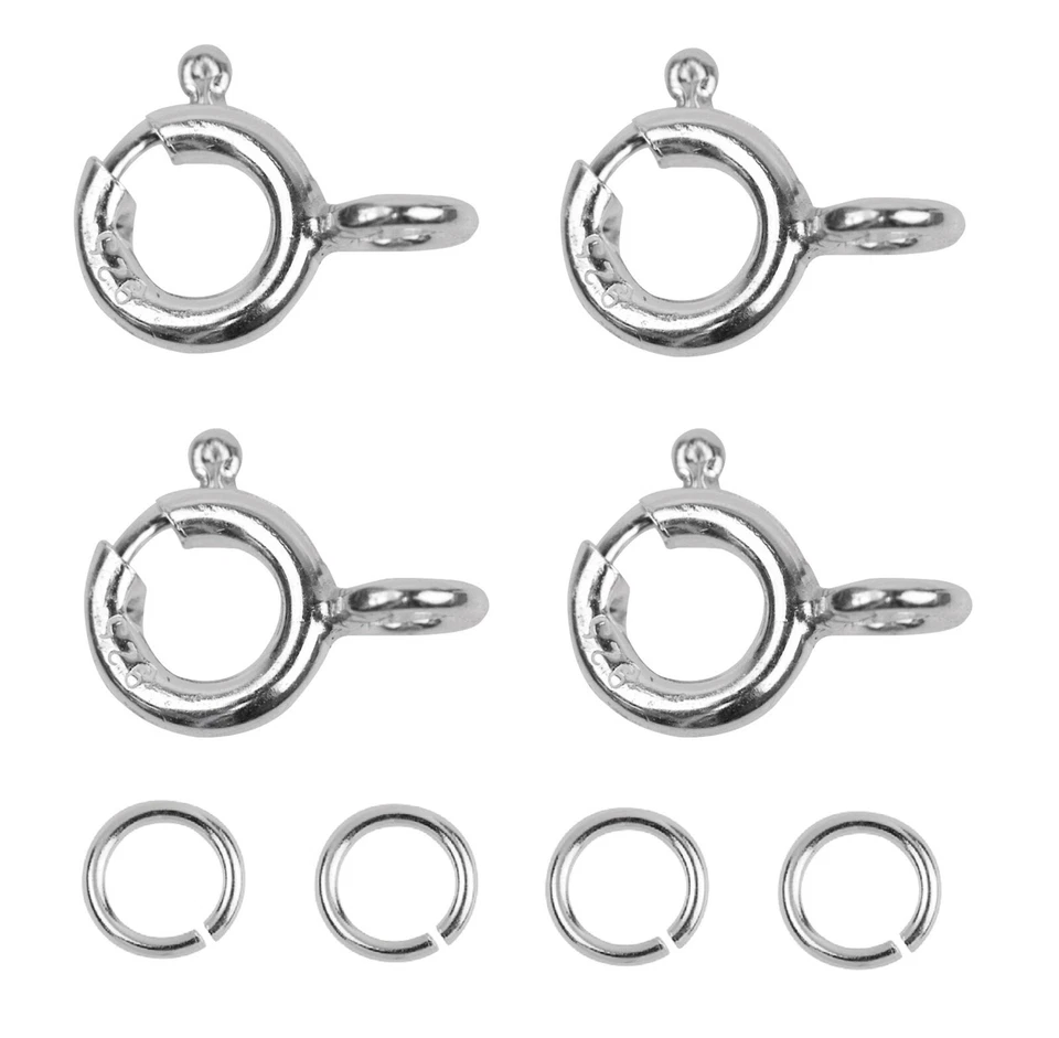 JEWELS AND TOOLS UK 8 Pieces Sterling Silver 5mm Bolt Rings Clasp & 4mm Jump Rings Necklace Repair