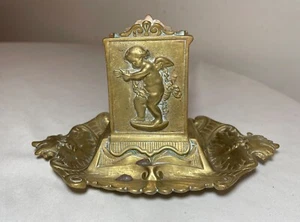 antique 1800's gilt bronze smoking ashtray cherub match safe holder stand brass - Picture 1 of 13