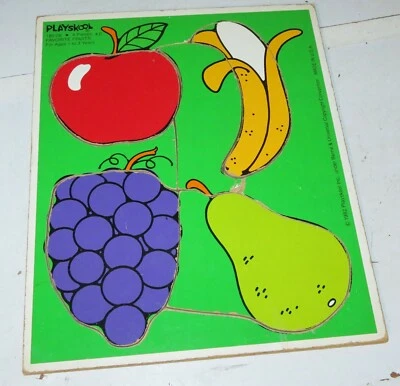 Bandeja de madera vintage rompecabezas 1982 Playskool frutas favoritas 4 piezas manzana uva plátano Foto 1 de 4