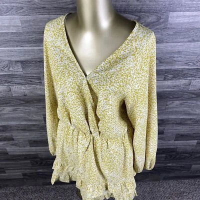 LOVERICHE V-Neck Ruffle Hem Yellow Floral Print Blouson Dress Women's Size L - Image 1 of 4