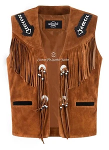 Men's Cowboy Western Style Native American Leather Vest Tan Suede Beaded Fringe - Picture 1 of 7