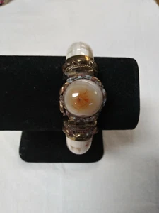 Vintage Bovine Brass Natural Stone Hinged Bangle Bracelet Costume - Picture 1 of 3