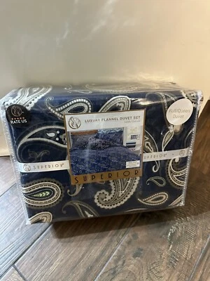 NIP Superior Luxury Navy Paisley 100% Cotton Flannel Full Queen Duvet Cover Set - Image 1 of 4