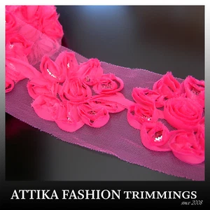 Pink Sequined ROSES CHIFFON Frayed LACE TRIM Edging Crafts × 1y 9 Large Flowers - Picture 1 of 3