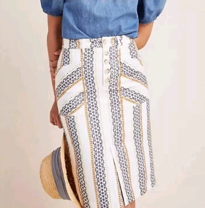 Saia Lápis Anthropologie Feminina 0 Quincy Bordada Ilhós Boho Boêmio - Imagem 1 de 4