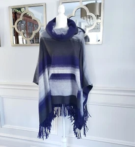 Free People Boho Desert Dream Cowl Neck Fringe Poncho Serape Purple Gray OS - Picture 1 of 9