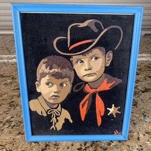 Vintage 1970s Black Velvet Painting Cowboys Sheriff Boy Boys Signed 1971 Framed - Picture 1 of 18