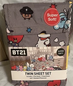 Juego de sábanas dobles BT21 funda de almohada estándar plana gris - Imagen 1 de 2