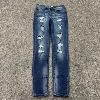 Pantalones de mezclilla KanCan para mujer W5/26 azules ajustados elásticos desgastados lavado medio Preppy City Foto 1 de 4