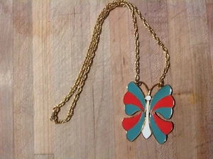 VINTAGE ART TWO TONE ENAMEL BUTTERFLY NECKLACE - Picture 1 of 6