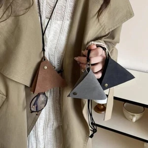Vintage Suede Minimalist Long Necklace Triangle Bag PU Key Wallets Decoration - Picture 1 of 14