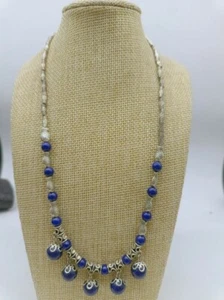 Blue 6-10mm Round Bead Tibetan Style Jewelry Women Silver Plated Necklace 18" - Picture 1 of 1