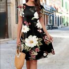 Lovely Women's Round Neck Short Sleeve Floral Print Dress with High Waistline