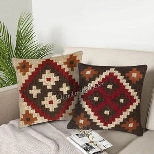 Indian Handwoven Wool Jute Cushion Cover Rustic Pillow Sham Kilim Throws 2 Pcs - Picture 1 of 75
