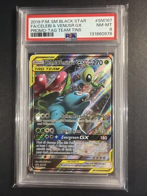 2019 POKEMON SM PROMO TAG TEAM TINS FULL ART/CELEBI & VENUSAUR GX PSA 8 - Image 1 of 2