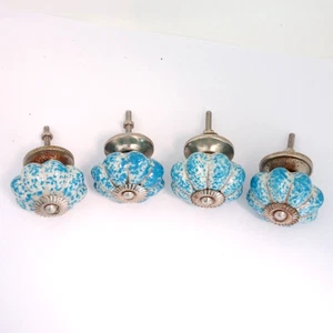 Set 4 pomelli estraibili cassetti smaltati blu maniglia ceramica vintage - Foto 1 di 4