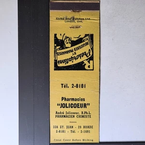 Pharmacies Jolicoeur Quebec Vintage Pharmacy Ad Matchbook - Picture 1 of 3