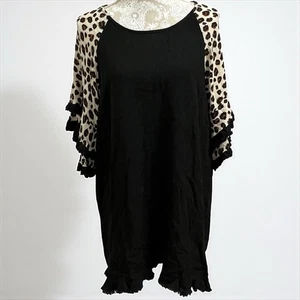 Umgee Women’s Dress M Black Linen Blend Leopard Print Ruffle Sleeve Tunic Mini - Picture 1 of 11