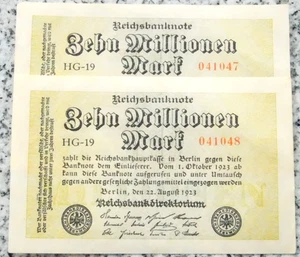 GERMAN 2x 10 MILLION MARK 1923 Vintage Money old Currency Bill Inflation Notgeld - Picture 1 of 3