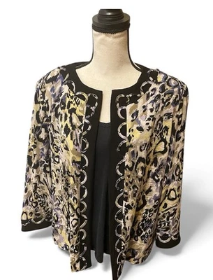 Chaqueta Blazer Joan Rivers Para Mujer L Negra Marrón Diseño Estampado Animal Guepardo Foto 1 de 4
