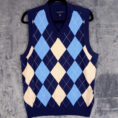 Chaleco Suéter Club Room Para Hombres Pequeño Azul Marino Argyle Cuello en V Preppy Golf Capas Foto 1 de 4