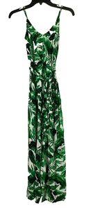 SCOOP Green/White Leaf Print Lightweight Sleeveless Belted Jumpsuit Size XS - Picture 1 of 8