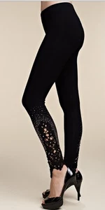 New VOCAL Womens CRYSTAL EMBELLISHED BLACK STRETCH BLING LEGGINGS S M L XL - Picture 1 of 3